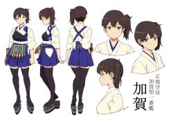 Rule 34 | 10s, 1girl, akitetsu, bad id, bad twitter id, brown eyes, brown hair, character name, character sheet, from behind, from side, gloves, japanese clothes, kaga (kancolle), kantai collection, multiple views, muneate, short hair, side ponytail, simple background, single glove, skirt, tasuki