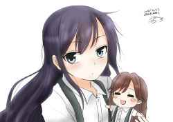 Rule 34 | 10s, 2girls, arashio (kancolle), artist name, asashio (kancolle), bad id, bad pixiv id, black hair, blue eyes, brown hair, commentary request, dated, doll, kantai collection, long hair, looking at viewer, multiple girls, open mouth, rakisuto1, school uniform, serafuku, simple background, suspenders, upper body, white background