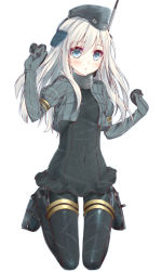 Rule 34 | 10s, 1girl, arms up, black pantyhose, blonde hair, blue eyes, blush, breasts, covered navel, cropped jacket, dress, full body, garrison cap, hat, hypertan, kantai collection, kneeling, long hair, looking at viewer, pantyhose, simple background, small breasts, solo, thigh strap, u-511 (kancolle), white background