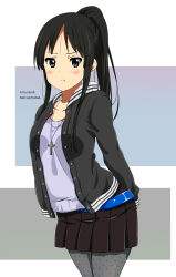 Rule 34 | 1girl, :t, akiyama mio, arms behind back, bad id, bad pixiv id, black eyes, black hair, black pantyhose, blush, character name, cross, dated, grey eyes, grey pantyhose, highres, hip focus, jacket, jewelry, k-on!, leaning forward, long hair, long sleeves, looking at viewer, necklace, official style, pantyhose, pendant, pleated skirt, ponytail, pout, ragho no erika, simple background, skirt, solo