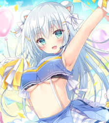 Rule 34 | 1girl, :d, animal ears, arm up, armpits, bare arms, bare shoulders, bear ears, black bra, blue shirt, blue skirt, bow, bra, breasts, cheerleader, crop top, crop top overhang, extra ears, fang, green eyes, hair bow, hair ornament, hairclip, hand up, headset, holding, long hair, looking at viewer, medium breasts, microphone, midriff, open mouth, original, picpicgram, pom pom (cheerleading), see-through silhouette, shirt, skirt, sleeveless, sleeveless shirt, smile, solo, stomach, suspenders, underboob, underwear, upper body, white hair
