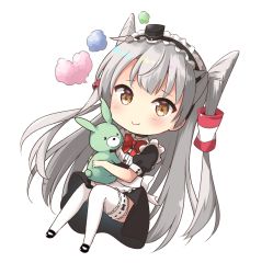 Rule 34 | 1girl, amatsukaze (kancolle), apron, black dress, black hairband, brown eyes, chibi, dress, frilled hairband, frills, full body, hair tubes, hairband, kantai collection, long hair, looking at viewer, short sleeves, silver hair, simple background, smile, solo, thighhighs, twintails, two side up, very long hair, white apron, white background, white thighhighs, yoshikita popuri