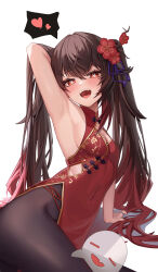 Rule 34 | 1girl, absurdres, alternate costume, arm behind head, arm support, arm up, armpits, black pantyhose, boo tao (genshin impact), breasts, brown hair, china dress, chinese clothes, cleavage, cleavage cutout, clothing cutout, colored tips, dress, fang, flower, genshin impact, gradient hair, hair flower, hair ornament, heart, highres, hu tao (genshin impact), leaning to the side, multicolored hair, open mouth, pantyhose, pelvic curtain, plum blossoms, print dress, red dress, red flower, red hair, sideboob, simple background, sleeveless, sleeveless dress, small breasts, smile, spoken heart, teeth, thighs, toki88909, twintails, two-tone hair, upper teeth only, white background