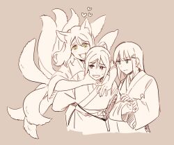 Rule 34 | 3girls, animal ears, blush, brown background, closed mouth, commentary request, fangs, fox ears, fox girl, fox tail, green eyes, hair ornament, hairclip, hand on another&#039;s arm, hand on another&#039;s neck, hand on another&#039;s shoulder, heart, hug, hug from behind, japanese clothes, kemonomimi mode, kimono, kitsune, korean commentary, kurosawa dia, kyuubi, long hair, love live!, love live! sunshine!!, matsuura kanan, monochrome, multiple girls, multiple tails, ohara mari, open mouth, parted lips, pito (sh02327), purple eyes, simple background, slit pupils, smile, spot color, sweatdrop, sword, tail, weapon
