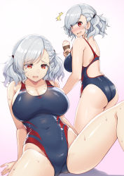 Rule 34 | 1girl, ^^^, akahito, ass, asymmetrical bangs, blush, braid, breasts, cleavage, competition swimsuit, covered navel, girls&#039; frontline, gradient background, ice cream cone, large breasts, leaning back, multiple views, one-piece swimsuit, open mouth, red eyes, short hair, side braid, silver hair, simple background, sitting, spas-12 (girls&#039; frontline), swimsuit, wet