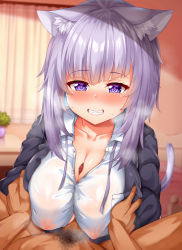 Rule 34 | 1girl, animal ear fluff, animal ears, bedroom, black jacket, blue hair, blunt bangs, breasts, button gap, cat ears, cat girl, cat tail, censored, clothed female nude male, collared shirt, colored inner hair, covered erect nipples, dress shirt, grin, hair between eyes, hololive, jacket, kuragari, large breasts, looking at viewer, male pubic hair, medium hair, mosaic censoring, multicolored hair, neck ribbon, nekomata okayu, nekomata okayu (oversized shirt), nipples, no bra, nude, official alternate costume, open clothes, open jacket, paizuri, paizuri under clothes, partially unbuttoned, penis, pov, pov crotch, pov hands, pubic hair, purple eyes, purple hair, purple ribbon, ribbon, see-through, see-through shirt, shirt, smile, solo, sweat, tail, virtual youtuber, white shirt