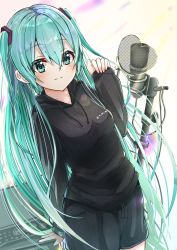 Rule 34 | 1girl, absurdres, alternate costume, amplifier, aqua eyes, aqua hair, arm behind back, arm up, black hoodie, black shorts, breasts, collarbone, commentary, cowboy shot, dutch angle, female focus, gym shorts, hair between eyes, hatsune miku, heart, highres, hood, hoodie, leaning, leaning to the side, long hair, looking at viewer, medium breasts, microphone, ore-artstudio, shorts, simple background, smile, solo, standing, twintails, very long hair, vocaloid, white background