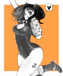 Rule 34 | 10s, 1girl, :p, ;q, ahoge, animal print, arm up, bad id, bad twitter id, blush, bodysuit, boots, breasts, cleavage, cowboy shot, diane (nanatsu no taizai), elbow gloves, emblem, eyelashes, female focus, fingerless gloves, from side, gloves, hand up, happy, heart, high heel boots, high heels, hip focus, knee boots, kneehighs, kt (nashi catsea), large breasts, leg lift, leotard, long hair, looking at viewer, looking back, md5 mismatch, monochrome, nanatsu no taizai, narrow waist, one eye closed, orange background, outside border, resized, simple background, smile, snake, socks, solo, speech bubble, spoken heart, standing, standing on one leg, tattoo, thighs, tongue, tongue out, twintails, twitter username, wide hips