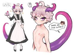 Rule 34 | 2boys, ?, ahoge, alternate costume, bad id, bad pixiv id, bede (pokemon), blonde hair, blush, cake, closed mouth, collarbone, commentary, creatures (company), curly hair, dragon horns, dragon tail, dress, english commentary, enmaided, eyelashes, food, game freak, hand up, horns, long sleeves, maid, male focus, multiple boys, nintendo, nipples, pokemon, pokemon swsh, purple eyes, short hair, sleepy (mu68968), sparkle, speech bubble, spoken question mark, tail, thought bubble, victor (pokemon), yaoi