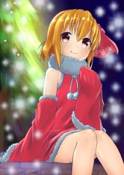 Rule 34 | 1girl, alternate costume, artist name, bare shoulders, bauble, blonde hair, christmas, christmas ornaments, christmas tree, closed mouth, dated, detached sleeves, dress, female focus, flat chest, fur-trimmed dress, fur-trimmed sleeves, fur collar, fur trim, hair ribbon, hand up, happy, highres, katsura dendou, knees together feet apart, looking at viewer, outdoors, pine tree, red dress, red eyes, red ribbon, red sleeves, ribbon, rumia, santa costume, short hair, sidelocks, signature, sitting, sleeves past fingers, sleeves past wrists, smile, snowing, solo, touhou, tree
