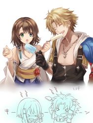 Rule 34 | 1boy, 1girl, blonde hair, blue eyes, brain freeze, breasts, brown hair, detached sleeves, closed eyes, final fantasy, final fantasy x, food, gloves, green eyes, hakama, hakama skirt, heterochromia, ice cream, japanese clothes, jewelry, necklace, open mouth, sasanomesi, short hair, simple background, skirt, smile, square enix, tidus, white background, yuna
