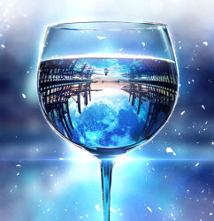Rule 34 | 1other, blue theme, cloud, cup, dock, drinking glass, full moon, horizon, lens flare, moon, night, night sky, original, reflection, scenery, sky, smile (qd4nsvik), solo, sparkle, standing, star (sky), water