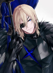 Rule 34 | 1boy, armor, blonde hair, blue cape, blue eyes, breastplate, cape, closed mouth, danhu, dimitri alexandre blaiddyd, eyepatch, fire emblem, fire emblem: three houses, gauntlets, hair between eyes, holding, holding polearm, holding weapon, looking at viewer, male focus, medium hair, nintendo, one eye covered, polearm, simple background, smile, solo, upper body, weapon, white background