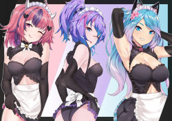 Rule 34 | 3girls, alternate costume, animal ears, apron, armpits, ass, bandaid, bandaid on face, bandaid on nose, black gloves, black skirt, blue eyes, breasts, cleavage, clothes lift, clothing cutout, commission, demon girl, demon horns, demon tail, elbow gloves, enmaided, gloves, hair ornament, heart, heart hair ornament, highres, horns, indie virtual youtuber, ironmouse, kaiend, large breasts, looking at viewer, looking back, maid, maid apron, medium breasts, melody (projektmelody), multicolored hair, multiple girls, navel cutout, one eye closed, pink eyes, pink hair, purple hair, silvervale, skirt, skirt lift, smile, streaked hair, tail, tongue, tongue out, virtual youtuber, vshojo, wolf ears, wolf girl, wolf tail