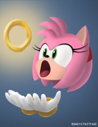 Rule 34 | 1girl, 2022, 20s, absurdres, amy rose, furry, furry female, gloves, grey background, greystwitpage, headband, hedgehog, highres, jewelry, open mouth, pink fur, red headband, ring, sega, solo, sonic (series), white gloves