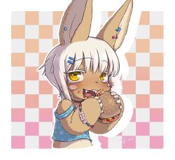Rule 34 | 1other, animal ears, bacon, blue shirt, blush, bracelet, brown fur, bune poster, burger, ear piercing, eating, fangs, food, food on face, furry, highres, holding, holding food, jewelry, made in abyss, nanachi (made in abyss), piercing, shirt, tomato, tomato slice, whiskers, white hair, yellow eyes