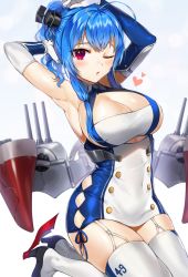 Rule 34 | 1girl, ahoge, arm behind head, armpits, arms up, azur lane, bare shoulders, blue hair, blush, boots, breasts, cleavage, clothes writing, dress, elbow gloves, garter straps, gijang, gloves, gradient background, hair between eyes, hair ornament, high heel boots, high heels, kneeling, large breasts, long hair, looking at viewer, machinery, one eye closed, open mouth, purple eyes, ribbon, rigging, rudder footwear, short dress, sidelocks, simple background, skindentation, solo, st. louis (azur lane), thighhighs, white gloves, white thighhighs