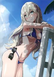 Rule 34 | 1girl, absurdres, alternate costume, bare shoulders, bikini, blonde hair, blue bikini, blue sky, blush, breasts, closed mouth, cloud, cowboy shot, day, eyewear hang, unworn eyewear, from side, front-tie top, glasses, grey eyes, hair between eyes, highres, kantai collection, large breasts, leaf, leaning forward, leaning on object, long hair, looking at viewer, micro bikini, mole, mole under mouth, navel, outdoors, palm tree, richelieu (kancolle), scan, shade, shadow, sky, smile, solo, standing, sunlight, swimsuit, takanashi kei (hitsujikan), tree