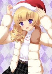 Rule 34 | 1girl, absurdres, bad id, bad twitter id, battle girl high school, blonde hair, drill hair, hat, highres, jacket, jewelry, long hair, looking at viewer, necklace, open clothes, open jacket, purple eyes, santa hat, sendouin kaede, smile, solo, yuririn poi