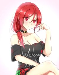 Rule 34 | 1girl, alternate hairstyle, bad id, bad twitter id, bare shoulders, blush, breasts, choker, cleavage, clothes writing, collarbone, commentary request, crossed legs, feet out of frame, gradient background, hand in own hair, head tilt, hecatia lapislazuli, highres, large breasts, legs, looking at viewer, multicolored clothes, multicolored skirt, musteflott419, no headwear, off-shoulder shirt, off shoulder, pink background, plaid, plaid skirt, ponytail, red eyes, red hair, scrunchie, shirt, simple background, skirt, smile, solo, thighs, touhou, white background