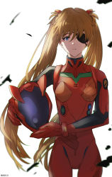 Rule 34 | 1girl, absurdres, blonde hair, blue eyes, bodysuit, breasts, cowboy shot, eyepatch, floating hair, helmet, highres, holding, holding helmet, long hair, looking at viewer, neon genesis evangelion, orlijiang, parted lips, plugsuit, red bodysuit, small breasts, solo, souryuu asuka langley, standing, thigh gap, twintails, twitter username, very long hair, white background