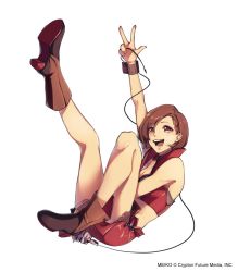 Rule 34 | 1girl, black bra, boots, bra, breasts, brown eyes, brown hair, cable, character name, commentary, crop top, english commentary, full body, hand up, high heel boots, high heels, highres, holding, holding microphone, jacket, leg up, looking at viewer, medium breasts, meiko (vocaloid), meiko (vocaloid3), microphone, miniskirt, open mouth, red jacket, red skirt, short hair, skirt, smile, solo, underwear, vocaloid, w, white background, yen-mi, zipper skirt