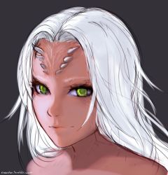Rule 34 | 1girl, dark souls (series), dark souls i, dragon girl, green eyes, horns, light smile, long hair, looking at viewer, nose, nude, portrait, priscilla the crossbreed, razalor, simple background, smile, solo, white hair