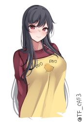 Rule 34 | 1girl, apron, arms behind back, black hair, blush, breasts, fusou (kancolle), hair between eyes, highres, kantai collection, large breasts, lips, long hair, long sleeves, piyo piyo apron, red eyes, red shirt, shirt, simple background, smile, solo, tf cafe, twitter username, white background
