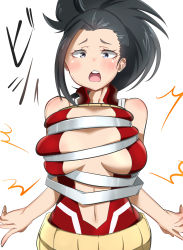 Rule 34 | 10s, 1girl, :o, black eyes, black hair, blush, boku no hero academia, breasts squeezed together, breasts, center opening, embarrassed, half-closed eye, highres, hyuuman, large breasts, leotard, looking at viewer, navel, open mouth, restrained, simple background, solo, uneven eyes, wavy mouth, white background, yaoyorozu momo