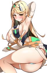 Rule 34 | 1girl, absurdres, arm up, armpits, ass, blonde hair, blush, breasts, cleavage, commentary request, elbow gloves, enishi96, gloves, headpiece, highres, large breasts, long hair, looking at viewer, mythra (xenoblade), orange eyes, panties, simple background, skindentation, solo, sweat, thigh strap, tiara, underwear, white background, white gloves, xenoblade chronicles (series), xenoblade chronicles 2