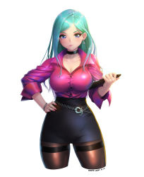 Rule 34 | 1girl, belt, breasts, chain belt, choker, cleavage, cowboy shot, earrings, gloves, green hair, hand on own hip, highres, holding, holding tablet pc, jewelry, katoyo85, large breasts, long hair, looking at viewer, mole, mole under eye, original, pantyhose, pencil skirt, purple eyes, simple background, skirt, smile, solo, standing, tablet pc