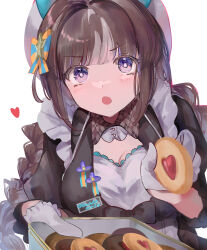 Rule 34 | 1girl, absurdres, alternate universe, beret, blue bow, blunt bangs, bow, bright pupils, brown hair, commentary request, cookie, food, gloves, hair bow, hat, hieno hiro, highres, hokko tarumae (umamusume), holding, holding cookie, holding food, light brown hair, long hair, looking at viewer, medium request, multicolored hair, name tag, open mouth, orange bow, purple eyes, sidelocks, simple background, solo, striped, striped bow, two-tone bow, two-tone hair, umamusume, upper body, valentine, white background, white gloves, white hat