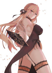 Rule 34 | 1girl, absurdres, ass, bare shoulders, blonde hair, blush, breasts, bridal garter, china dress, chinese clothes, closed mouth, dress, floating hair, garter straps, girls&#039; frontline, gloves, highres, holding, large breasts, long hair, looking at viewer, official alternate costume, ots-14 (girls&#039; frontline), ots-14 (sangria succulent) (girls&#039; frontline), ru zhai, simple background, solo, very long hair, white background, yellow eyes