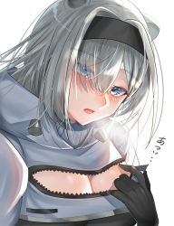 Rule 34 | 1girl, animal ears, arknights, aurora (arknights), dora (jcyw8334), gloves, grey eyes, hairband, highres, looking at viewer, medium hair, open mouth, simple background, solo, steam, upper body
