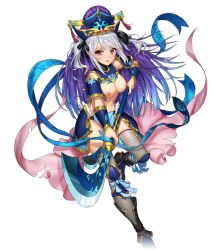 Rule 34 | 1girl, armor, black footwear, black ribbon, blue hair, blush, breasts, cao cao (tokimeki general girls x), faulds, gradient hair, grey thighhighs, hair ribbon, holding, holding polearm, holding spear, holding weapon, leg up, looking at viewer, medium breasts, multicolored hair, nipples, official art, open mouth, polearm, purple hair, red eyes, ribbon, silver hair, solo, spear, thighhighs, tokimeki general girls x, transparent background, twintails, weapon