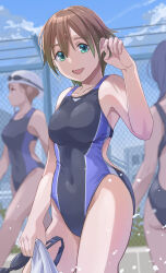 Rule 34 | 1girl, blurry, blurry background, breasts, brown hair, cloud, collarbone, commission, competition swimsuit, covered navel, fence, goggles, green eyes, highleg, highres, looking at viewer, medium breasts, multiple girls, nikulas cage, one-piece swimsuit, open mouth, original, pixiv commission, short hair, sky, solo focus, swim cap, swim goggles, swimsuit, unworn goggles, unworn swim cap