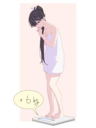 Rule 34 | 1girl, bare shoulders, black eyes, black hair, closed mouth, collarbone, commentary request, full body, hair over shoulder, highres, houshou (kancolle), kantai collection, long hair, looking down, ponytail, solo, standing, sweat, towel, weighing scale, white towel, yuichi (sp sakura yoshi)