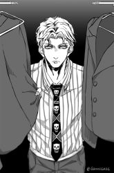 Rule 34 | 1boy, blurry, clothes hanger, collared shirt, greyscale, grok, jacket, jojo no kimyou na bouken, kira yoshikage, male focus, monochrome, necktie, shirt, solo, striped clothes, striped shirt, twitter username, upper body, vertical-striped clothes, vertical-striped shirt