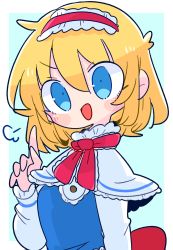 Rule 34 | 1girl, puff of air, ahoge, alice margatroid, back bow, blonde hair, blue background, blue dress, blue eyes, blush, border, bow, bowtie, breasts, buttons, capelet, commentary request, dress, eyes visible through hair, frills, grey capelet, grey shirt, grey sleeves, hair between eyes, hairband, hand up, highres, long sleeves, looking at viewer, medium breasts, op na yarou, open mouth, pointing, puffy long sleeves, puffy sleeves, red bow, red bowtie, red hairband, shirt, short hair, simple background, smile, solo, touhou, white border