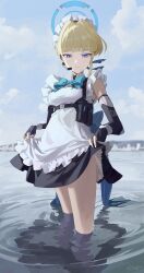 Rule 34 | 1girl, apron, black dress, blonde hair, blue archive, blue bow, blue bowtie, blue eyes, blush, bow, bowtie, breasts, bun cover, chest harness, clothes lift, dress, elbow gloves, fingerless gloves, frilled apron, frills, gloves, hair intakes, halo, harness, headset, highres, huge bow, looking down, m.q (mqkyrie), maid, maid apron, maid headdress, medium breasts, outdoors, pinafore dress, revision, short dress, skirt, skirt hold, skirt lift, sleeveless, sleeveless dress, solo, toki (blue archive), underbust, wading, waist bow, white apron