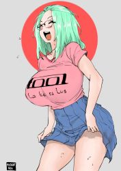 Rule 34 | 1girl, artist name, band shirt, bangs pinned back, bare arms, blush, borrowed character, breasts, clothes lift, colorized, commentary, cowboy shot, curvy, english commentary, closed eyes, glasses, grey background, greyscale, group name, happy, highres, imut 6969, inne sulistya robin, large breasts, leaning forward, lifted by self, long hair, merchandise, miniskirt, monochrome, norman maggot, original, pleated skirt, shirt, simple background, skirt, skirt lift, smile, solo, standing, sweat, t-shirt, third-party edit, tool (band), white background