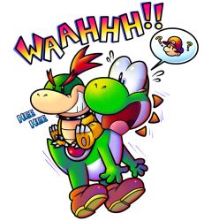 Rule 34 | baby, baby bowser, baby mario, bowser, claws, dinosaur, evil grin, evil smile, grin, looking back, mario, nervous, nintendo, no humans, open mouth, red hair, riding, smile, super mario world 2: yoshi&#039;s island, surprised, tail, tears, yoshi