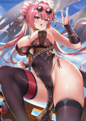 Rule 34 | 1girl, :o, azur lane, bare shoulders, black dress, black nails, black thighhighs, blue sky, blush, bra, bra peek, braid, braided bun, breasts, bremerton (azur lane), bremerton (kung fu cruiser) (azur lane), bridal gauntlets, brown bra, china dress, chinese clothes, cleavage, clenched hand, cloud, commentary request, covered erect nipples, covered navel, cowboy shot, cyicheng, day, double bun, dress, eyewear on head, from below, grey hair, groin, hair between eyes, hair bun, hair intakes, hair ornament, hair ribbon, hand up, highleg, highleg panties, large breasts, long hair, looking at viewer, mole, mole under eye, multicolored hair, nail polish, official alternate costume, open mouth, panties, patreon username, pelvic curtain, pink eyes, pink hair, revision, ribbon, round eyewear, side-tie panties, sidelocks, signature, skindentation, sky, sleeveless, sleeveless dress, solo, standing, standing on one leg, strapless, strapless bra, streaked hair, thighhighs, tinted eyewear, two-tone hair, underwear