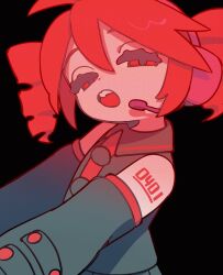 Rule 34 | 1girl, ahoge, black background, black shirt, black sleeves, collared shirt, drill hair, half-closed eyes, halftone texture, headset, highres, kasane teto, looking at viewer, nankai (nankai san), number tattoo, open mouth, outstretched arms, red eyes, red hair, shirt, short hair, shoulder tattoo, simple background, sleeveless, sleeveless shirt, solo, tattoo, teeth, twin drills, upper body, upper teeth only, utau