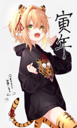 Rule 34 | 1girl, animal ears, animal print, blonde hair, blush, chinese zodiac, claw pose, commentary request, fang, green eyes, hair intakes, hair ornament, hair ribbon, highres, hood, hoodie, long sleeves, nage (emae626), nail polish, new year, open mouth, original, pom pom (clothes), pom pom hair ornament, ribbon, short hair, sleeves past wrists, solo, tail, tail ornament, tail ribbon, thighhighs, tied drawstring, tiger ears, tiger girl, tiger print, tiger tail, translation request, year of the tiger