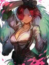 Rule 34 | 1girl, blue eyes, body fur, breasts, cleavage, collared shirt, cowboy shot, fingerless gloves, giovanna (guilty gear), gloves, green fur, guilty gear, guilty gear strive, hair over one eye, large breasts, partially unbuttoned, red hair, shirt, short hair, white shirt, wolf, yohane shimizu