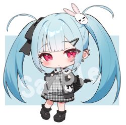 Rule 34 | 1girl, black bow, black footwear, black jacket, blue background, blue hair, blush, bow, chibi, closed mouth, collared dress, commentary, dress, ear piercing, earrings, full body, hair bow, hair ornament, hairclip, jacket, jewelry, kanae (tsukiman), long hair, long sleeves, looking at viewer, open clothes, open jacket, original, piercing, plaid, plaid dress, puffy long sleeves, puffy sleeves, rabbit hair ornament, red eyes, sample watermark, shoes, solo, standing, symbol-only commentary, tsukiman, twintails, two-tone background, very long hair, watermark, white background