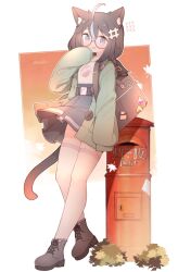 Rule 34 | 1girl, ahoge, animal ear fluff, animal ears, autumn leaves, bag, black footwear, black hair, blue eyes, blue skirt, boots, cat ears, cat girl, cat tail, commentary, commission, cross-laced footwear, flying sweatdrops, full body, glasses, green jacket, grey hair, hair between eyes, hand up, hashtag hair ornament, highres, jacket, kinakomoti, lace-up boots, leaf, long hair, long sleeves, looking at viewer, maple leaf, multicolored hair, open clothes, open jacket, original, pleated skirt, postbox (outgoing mail), puffy long sleeves, puffy sleeves, red-framed eyewear, round eyewear, semi-rimless eyewear, shirt, skeb commission, skirt, sleeves past fingers, sleeves past wrists, solo, streaked hair, tail, thighhighs, under-rim eyewear, white shirt, white thighhighs