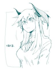 Rule 34 | 1girl, breasts, character name, commentary request, cropped torso, daitai konna kanji, hair between eyes, head wings, high collar, koakuma, long hair, medium breasts, monochrome, pointy ears, simple background, solo, touhou, upper body, white background, wings