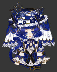 Rule 34 | 1girl, :d, animal ears, belt, belt buckle, blue eyes, blue hair, blue ribbon, blue tail, buckle, cat ears, cat tail, chin strap, colored eyelashes, cup, dark blue hair, fang, flower, grey background, hat, highres, looking at viewer, open mouth, original, ribbon, saucer, short hair, simple background, sleeves past elbows, smile, solo, sumisu (rinsumi), tail, tail raised, teacup, teapot, top hat